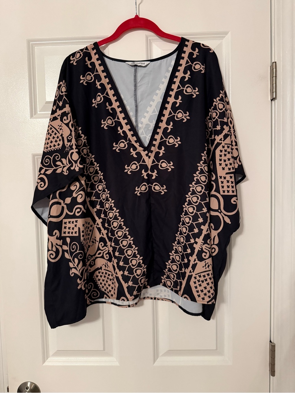 Cupshe | Black and Tan Printed Kimono Blouse Top | Size XL